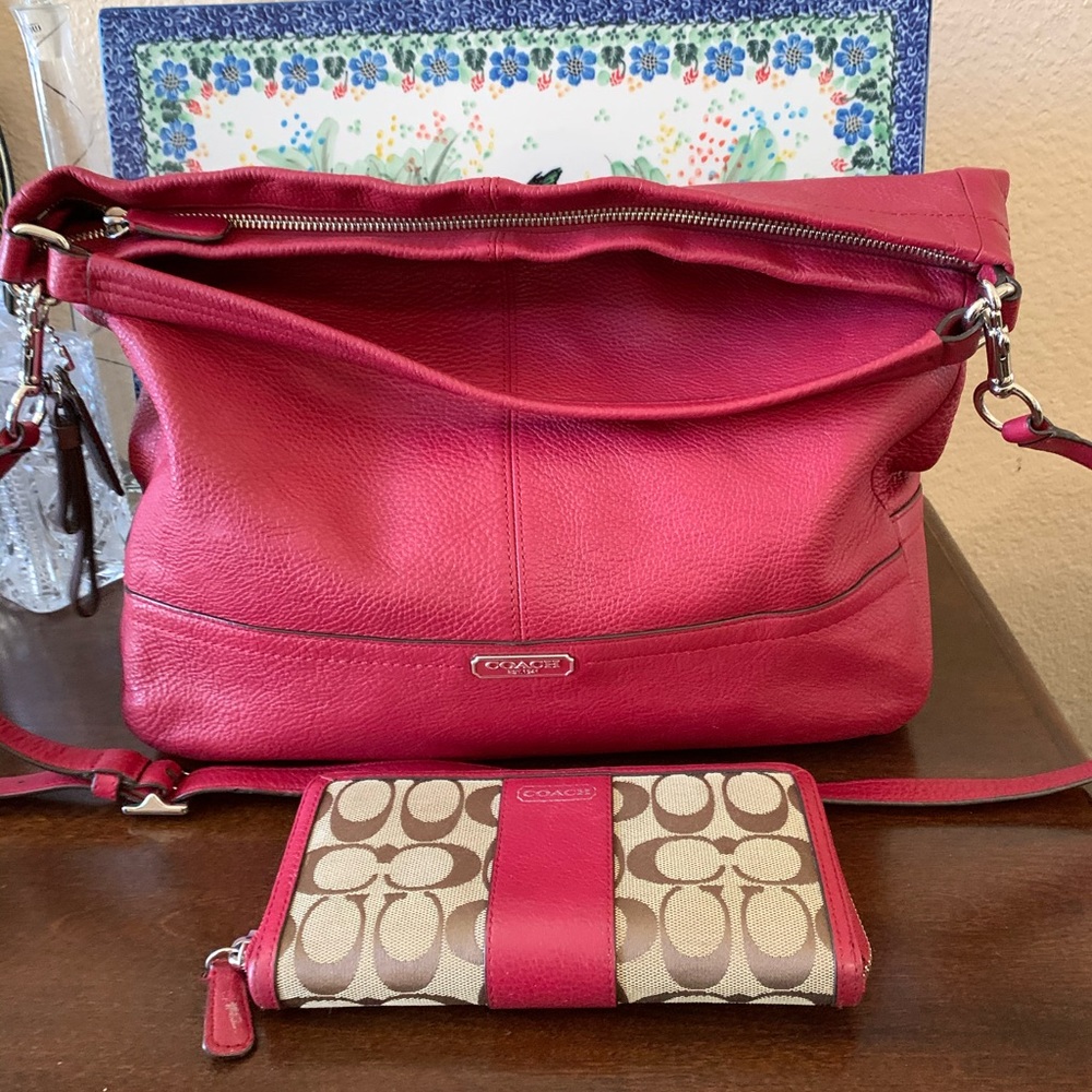 Coach Park Hono red leather bag and wallet EUC